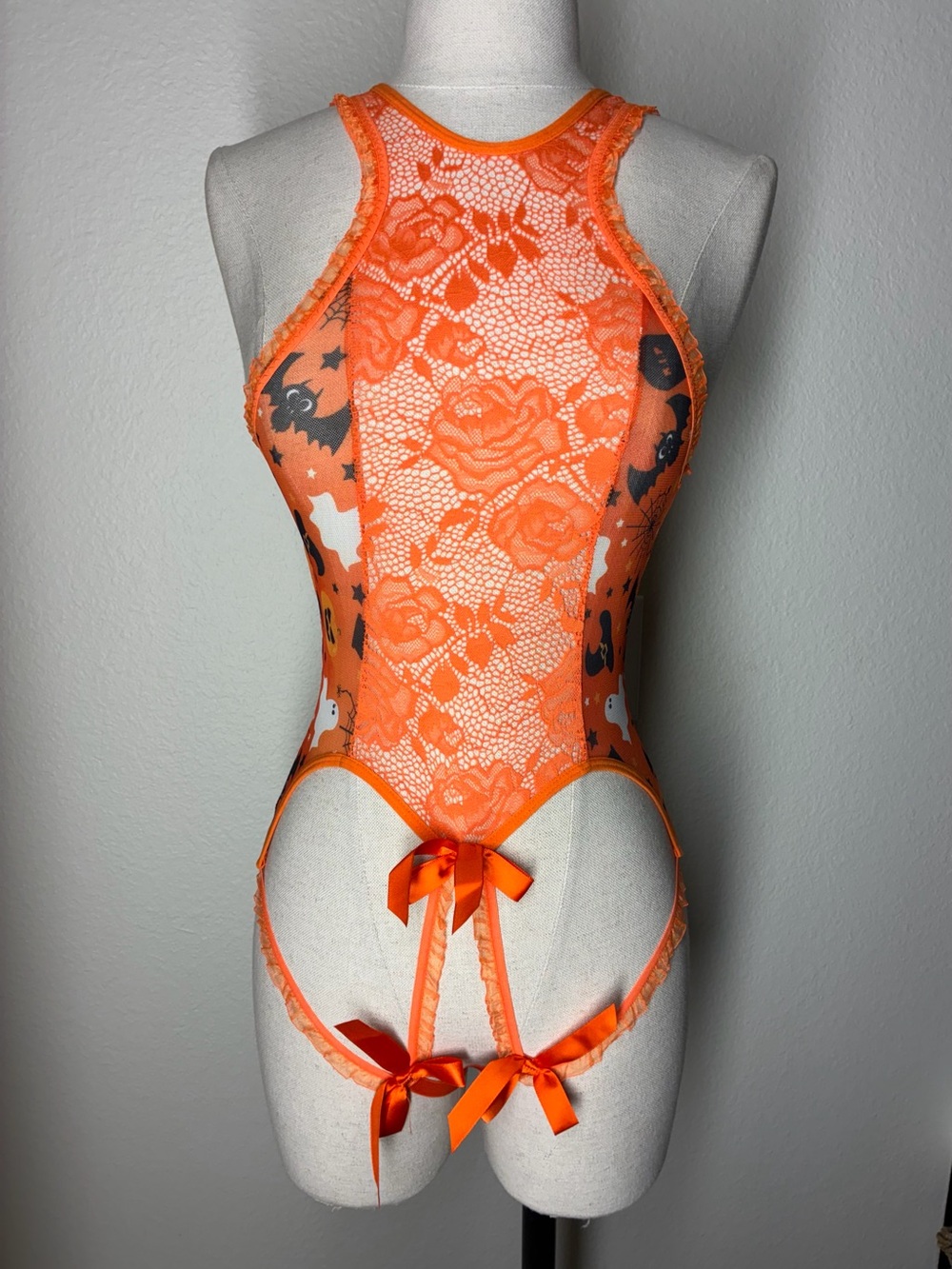 NWT Avidlove Sheer Floral Lace Halloween Orange Teddy Bodysuit with Bow Details
